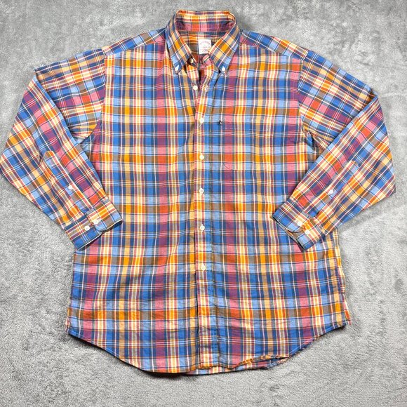 Brooks Brothers Men’s L Blue Orange Plaid Button Down Long Sleeve Shirt - Picture 1 of 11
